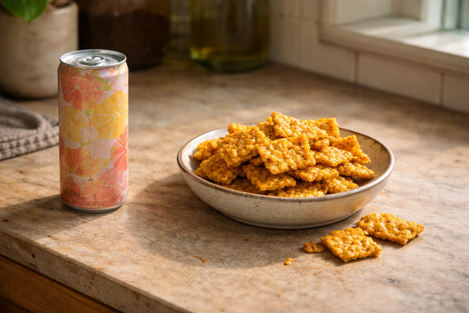 Colorful drink can beside crackers representing when is the new flavor coming out for taste innovation fans
