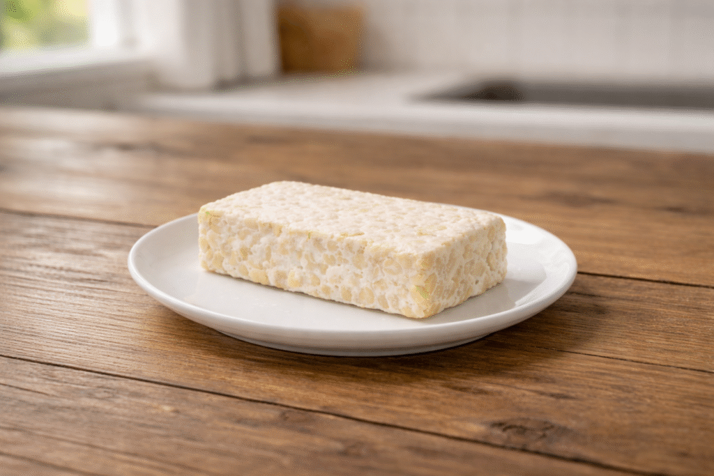 Fresh tempeh centered on a wooden table, showing safe texture and color, illustrating what happens if tempeh is left out.