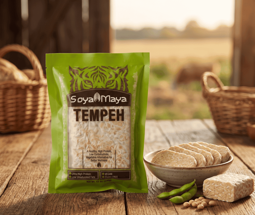 Pack of Soya Maya Tempeh with fresh slices and green chilies on rustic wooden table.