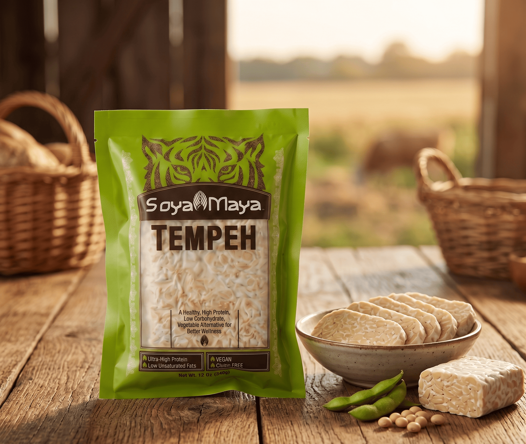 Pack of Soya Maya Tempeh with fresh slices on a wooden table.