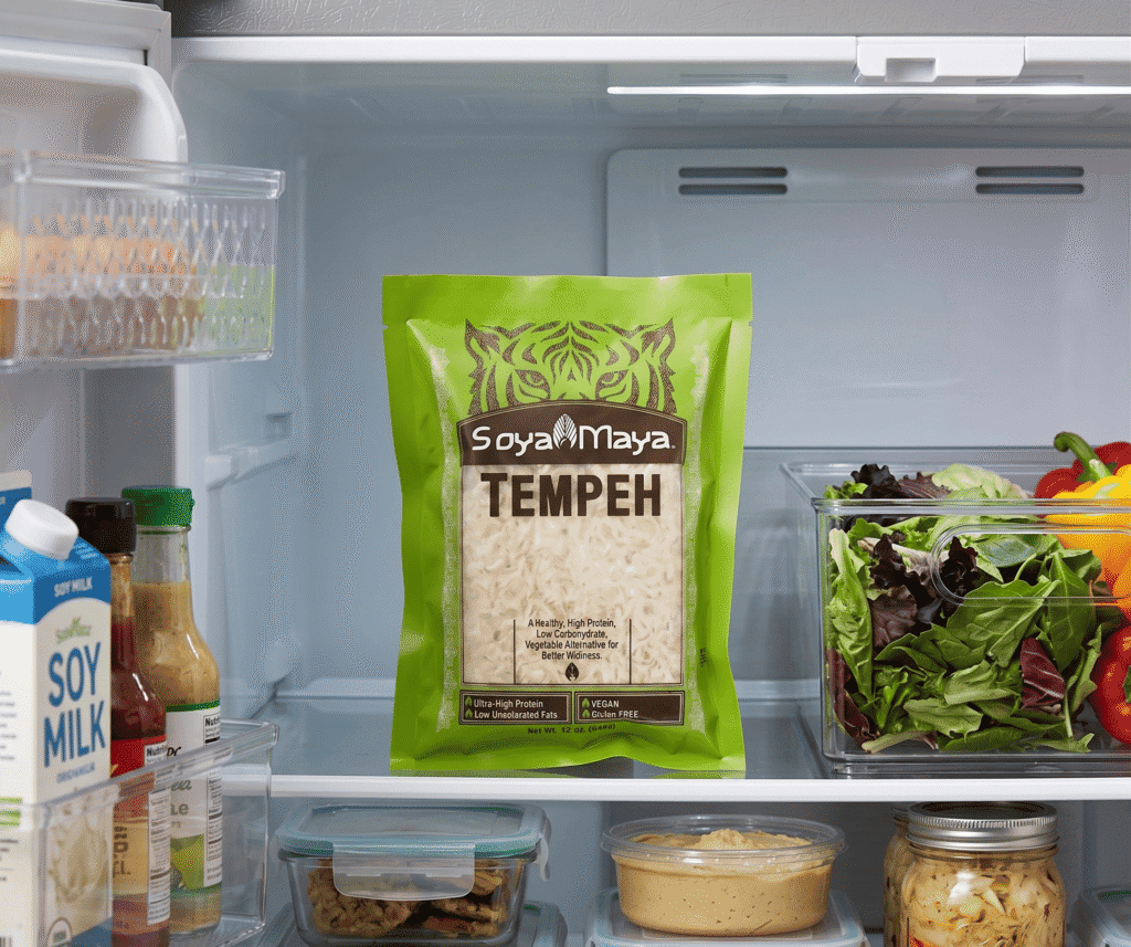 Fresh Soya Maya Tempeh in refrigerator for healthy plant-based protein.