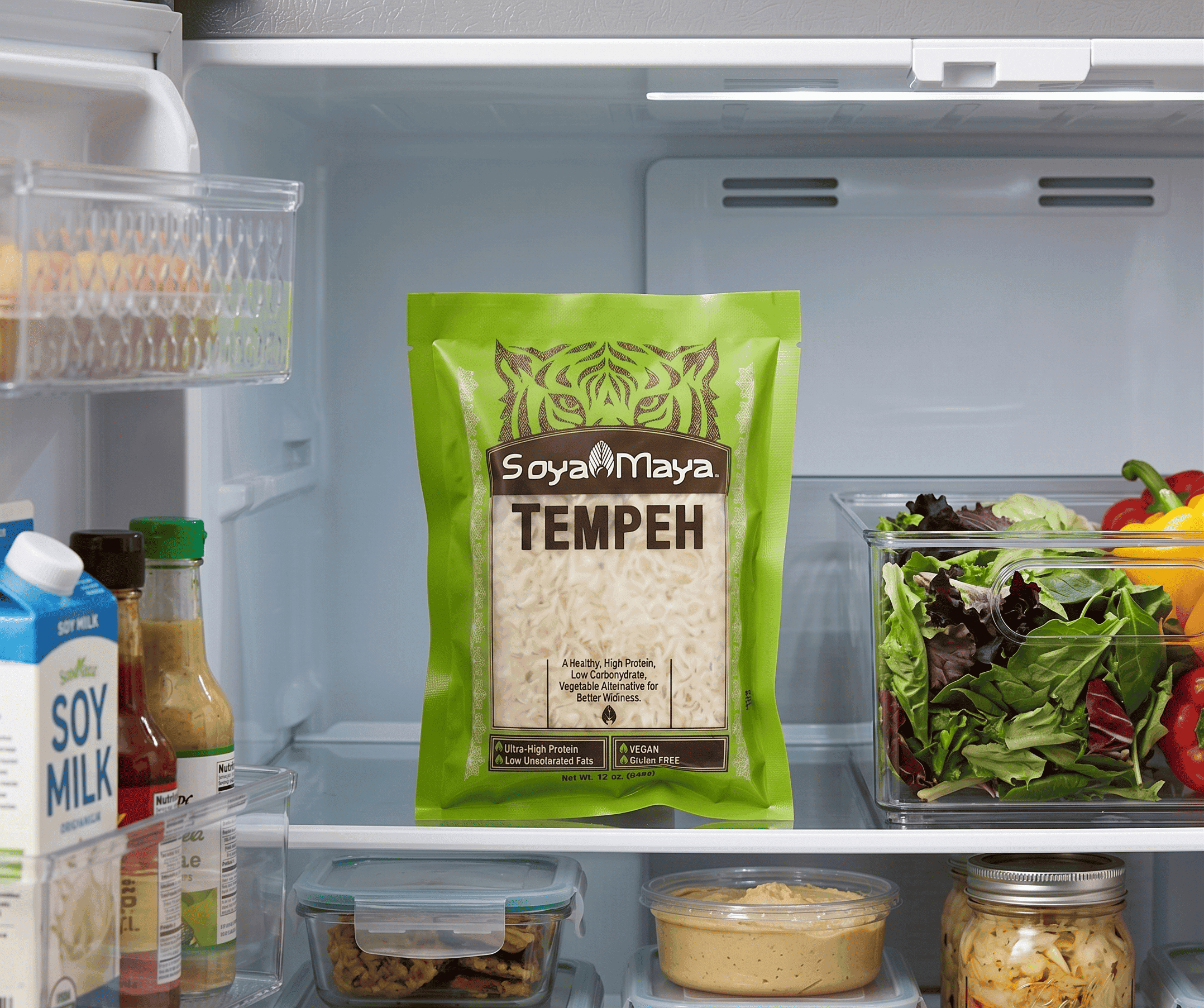 Fresh Soya Maya Tempeh in refrigerator for healthy plant-based protein.
