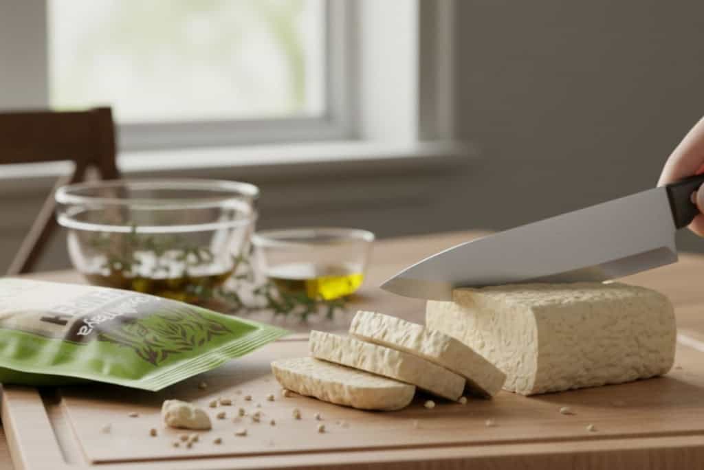 Soya Maya tofu being sliced on a wooden cutting board in a bright kitchen setting.