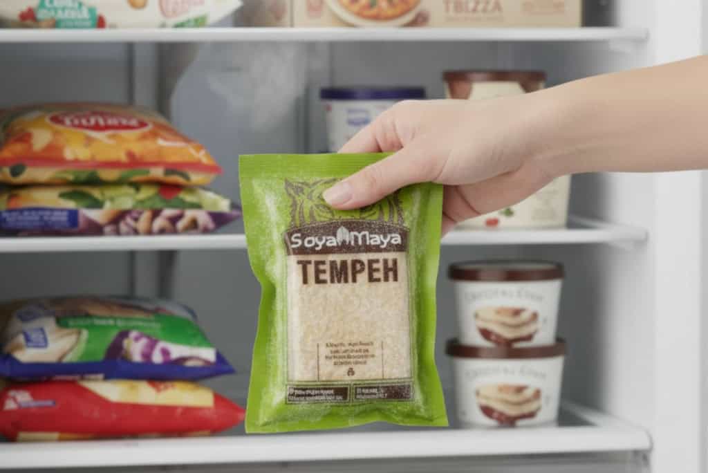 Soya Maya Tempeh in hand, displayed in a refrigerator with various packaged food products.