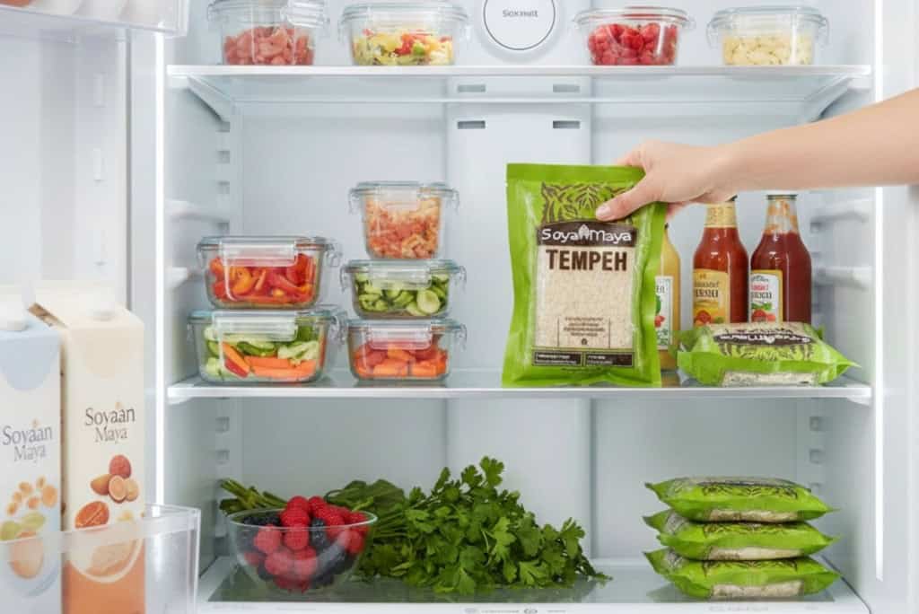 Soya Maya Tempeh in refrigerator with fresh vegetables and sauces.