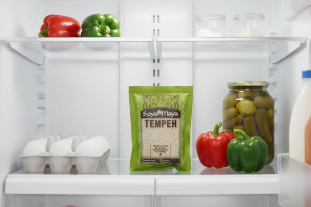 Soya Maya Tempeh in refrigerator with vegetables and eggs for healthy cooking.