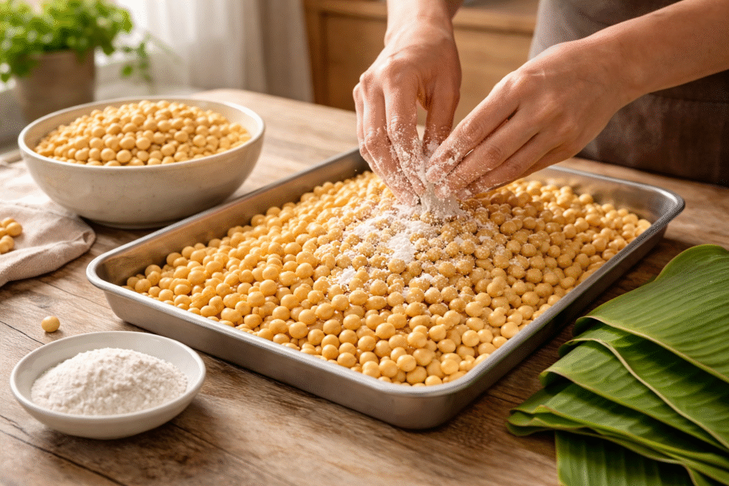 Hands adding tempeh starter to tempeh made from whole soybeans spread on a metal tray