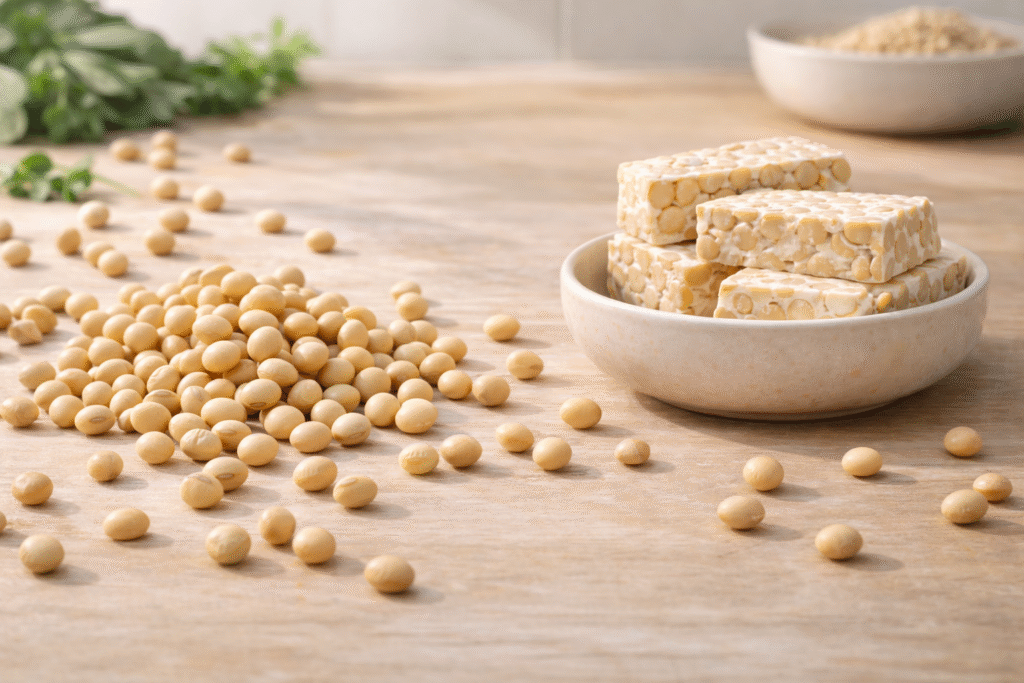 Whole vs split soybeans in tempeh shown as stacked blocks in a bowl beside scattered raw soybeans on wood.

