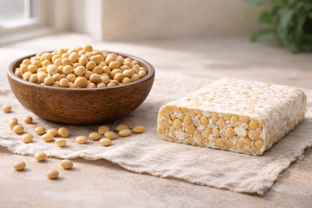 Whole vs split soybeans in tempeh with a rustic wooden bowl of raw soybeans on a linen cloth surface.