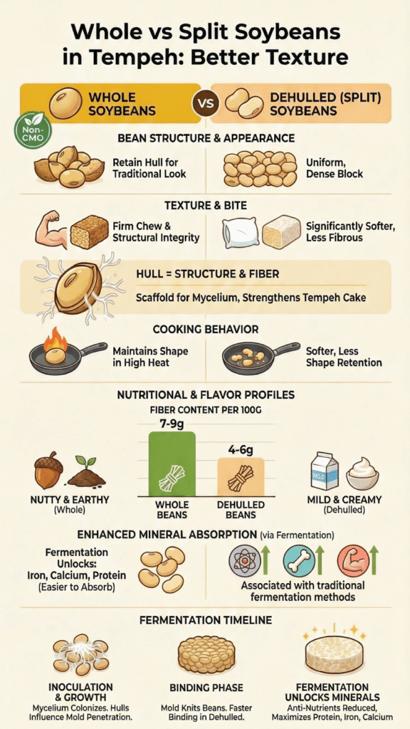 Whole vs split soybeans in tempeh infographic comparing texture, fiber, cooking behavior, and fermentation timeline.

