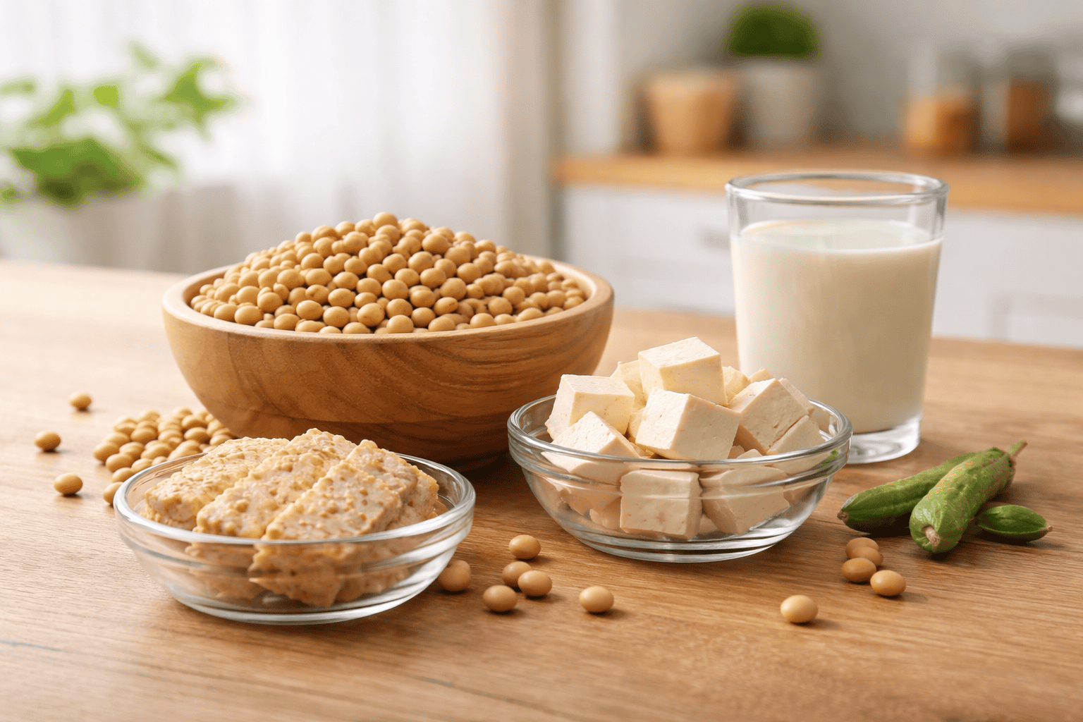 Soybeans alongside tempeh, tofu, and soy milk displaying the nutritional benefits of whole soybeans in various forms