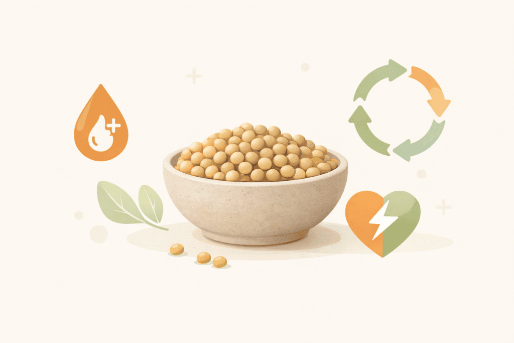  Illustrated bowl of soybeans with health icons highlighting the nutritional benefits of whole soybeans including protein and energy
