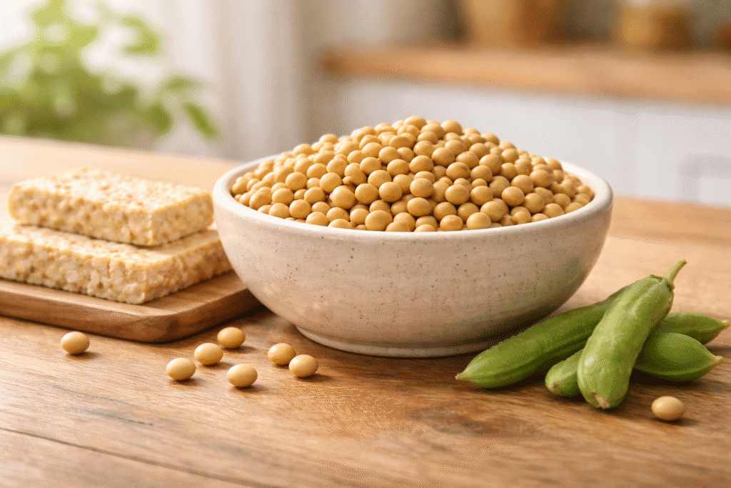 Bowl of whole soybeans with fresh pods and tempeh slices showing the nutritional benefits of whole soybeans