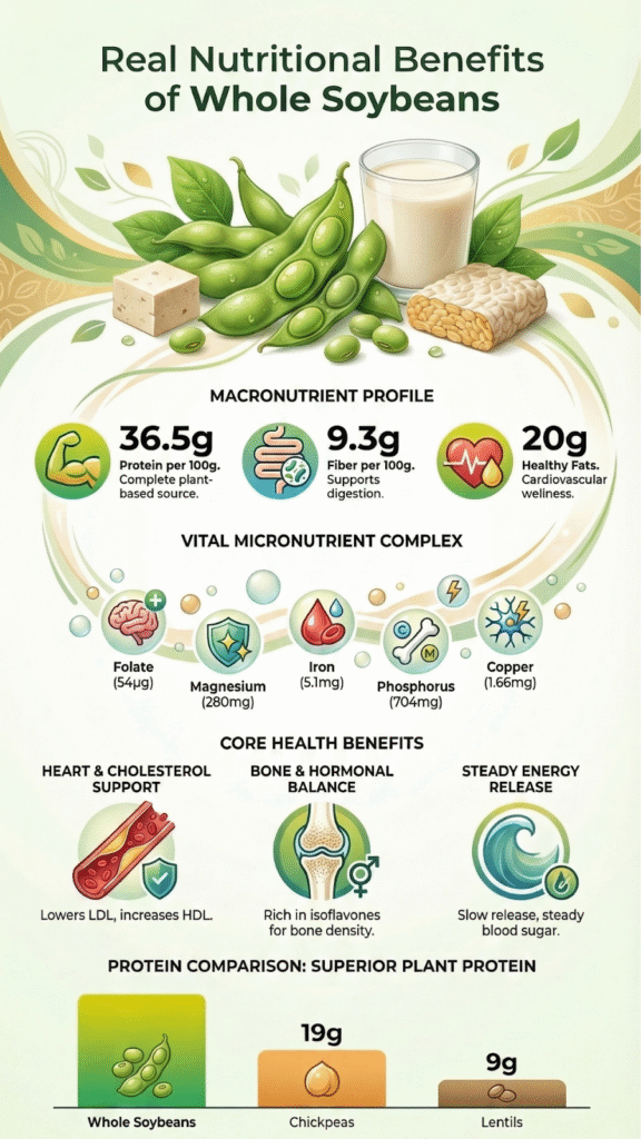  Infographic detailing the nutritional benefits of whole soybeans including protein, fiber, minerals, and core health benefits
