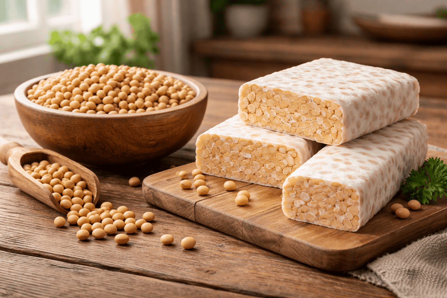 Soy Maya soy-based snack bars with soybeans on a wooden cutting board.