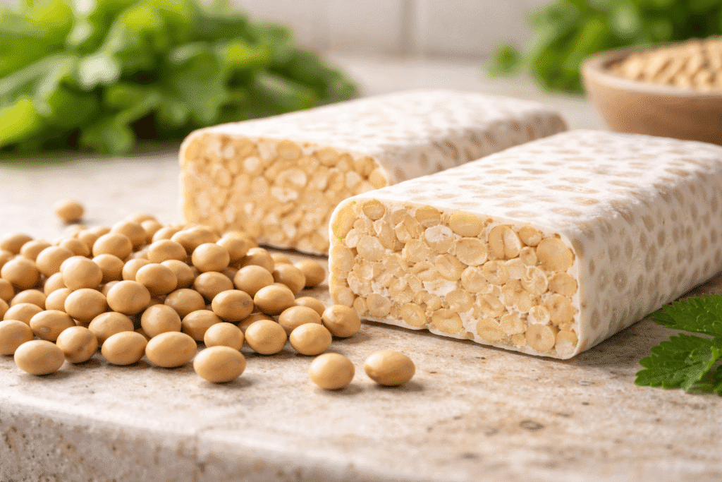 Two fresh tempeh blocks with scattered soybeans illustrating why we use whole non-gmo soybeans in every batch