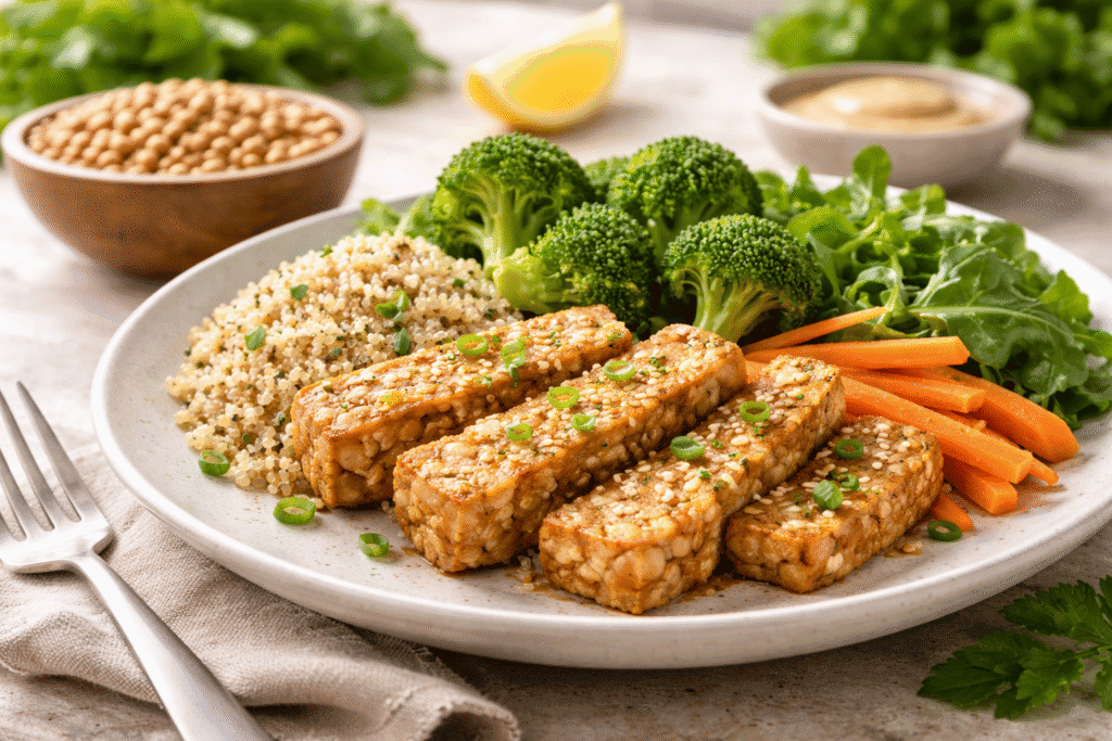 Sesame-crusted tempeh with quinoa and vegetables showing why we use whole non-gmo soybeans for rich flavor