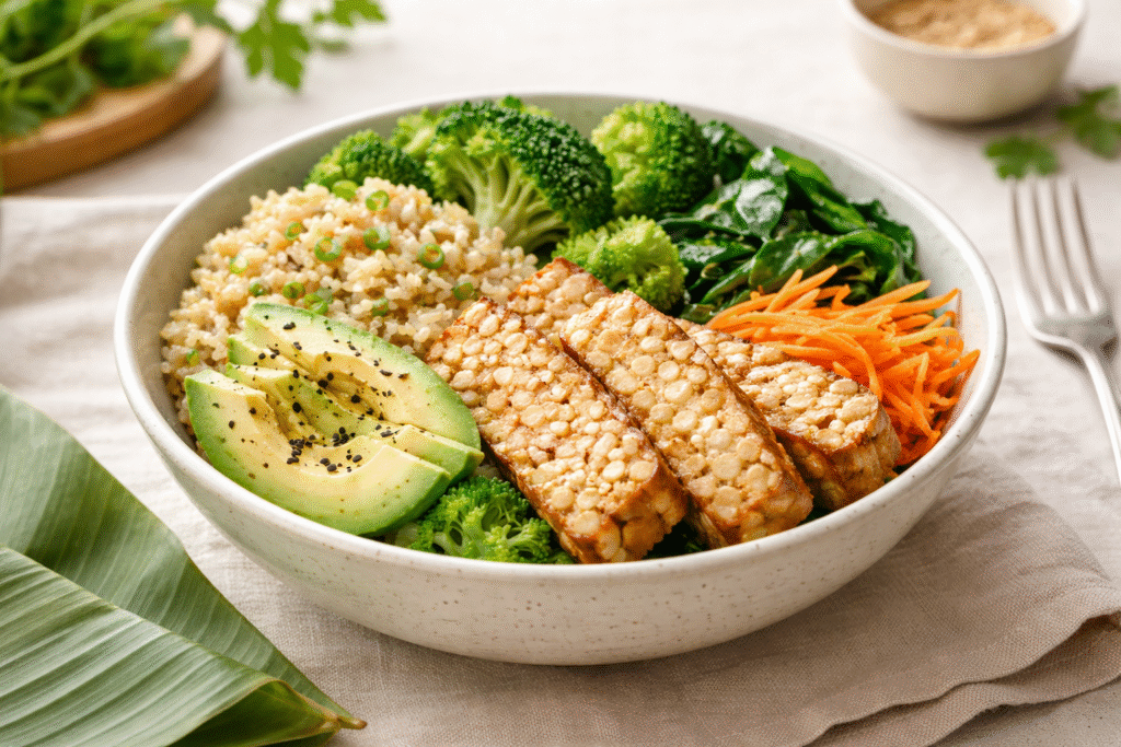 Healthy grain bowl with tempeh made from whole soybeans served with avocado, broccoli, and carrots
