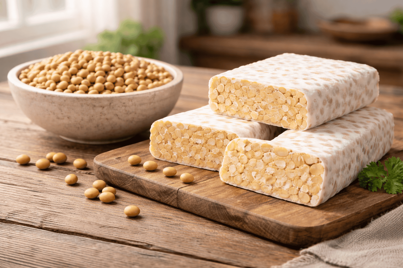 Stacked fresh tempeh blocks beside a bowl of soybeans demonstrating how whole soybeans affect flavor and texture