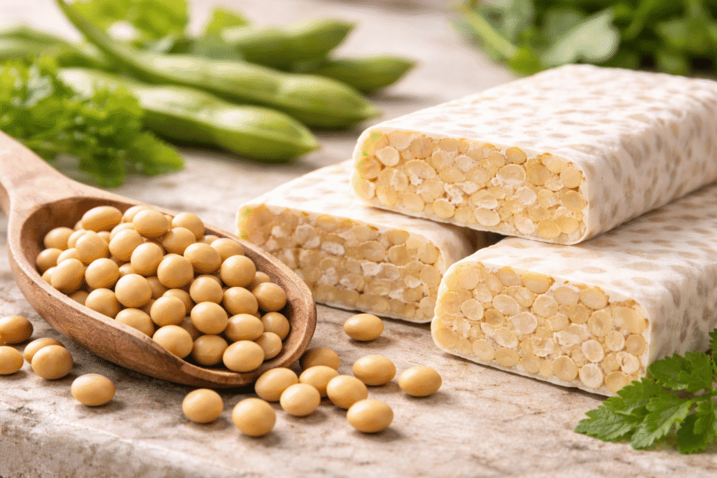 Wooden spoon of soybeans beside stacked tempeh and green pods illustrating how whole soybeans affect flavor