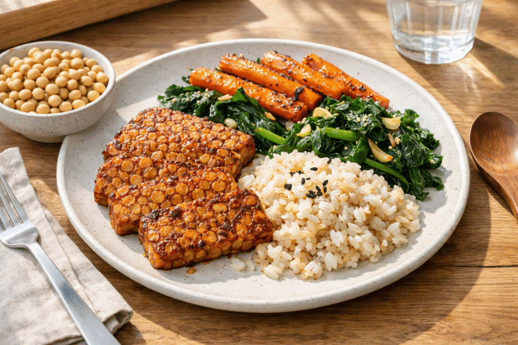 Glazed pan-fried tempeh served with rice and greens showing how whole soybeans affect flavor when cooked