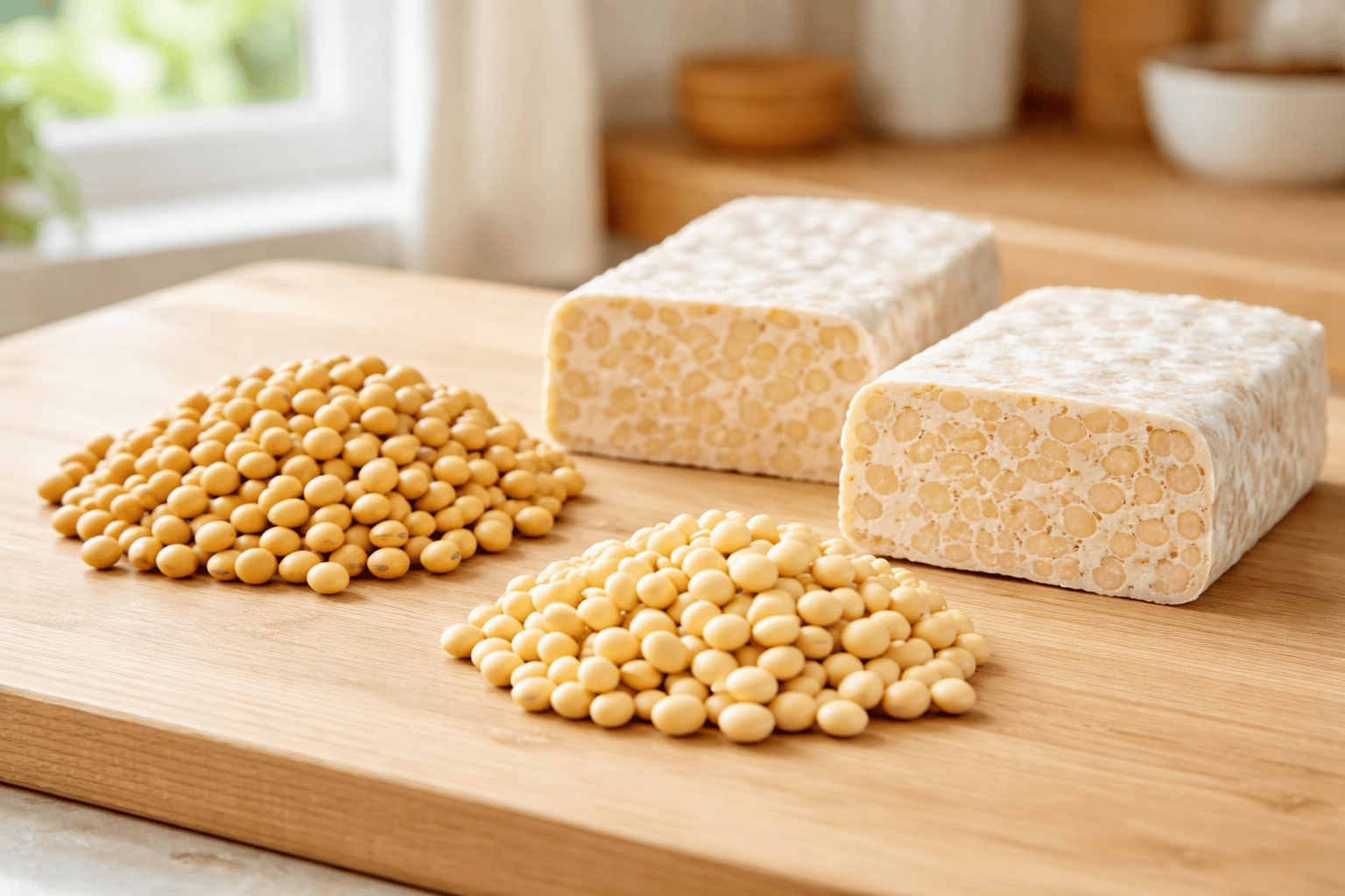 Creamy soy-based tofu blocks and soybeans on a wooden cutting board, highlighting plant-based protei.