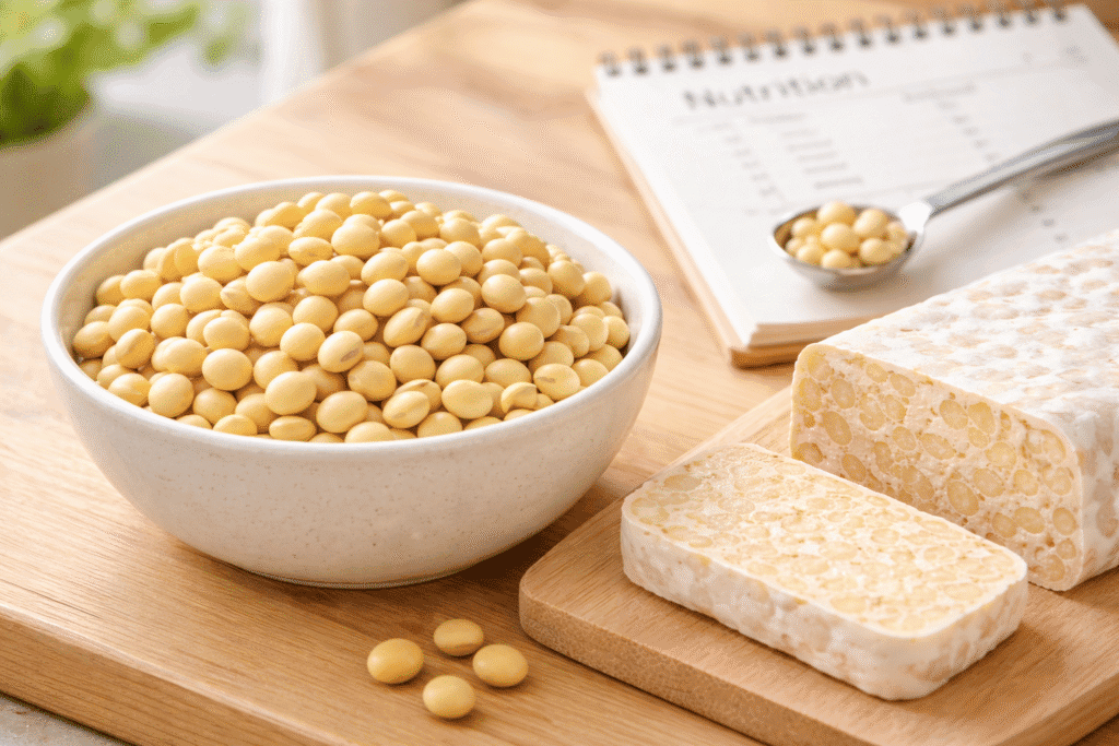 Bowl of soybeans beside sliced tempeh and nutrition notes showing are dehulled soybeans better for protein content