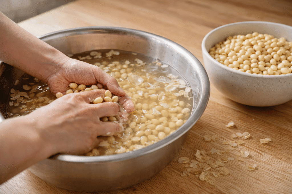 Hands peeling soybean skins in water to explore are dehulled soybeans better for tempeh fermentation quality