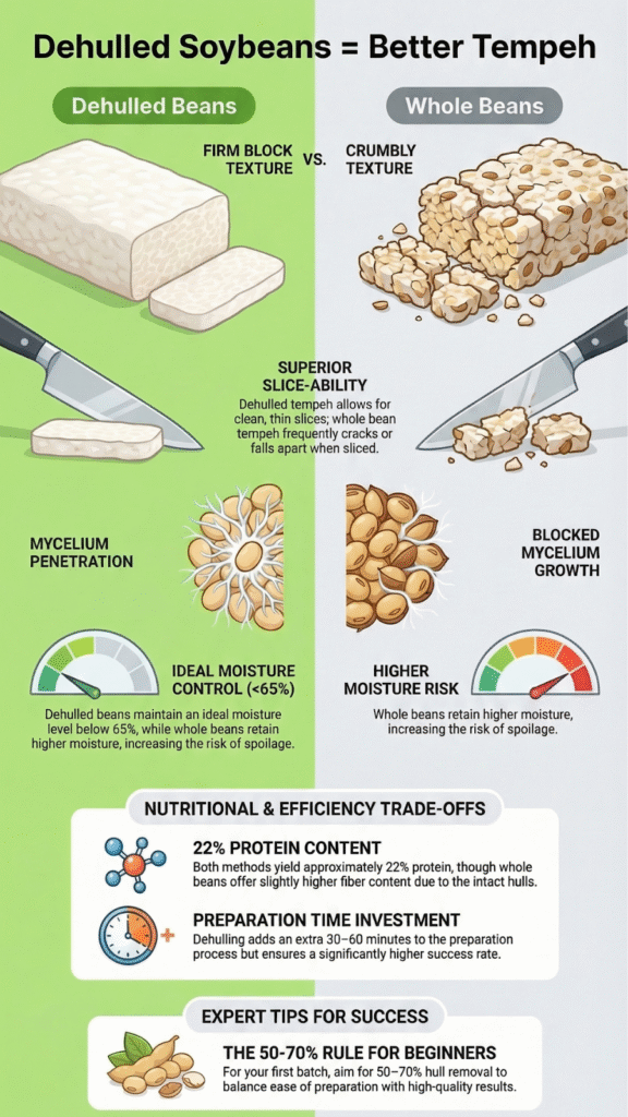 Infographic comparing are dehulled soybeans better than whole beans for tempeh texture, mycelium growth, and moisture