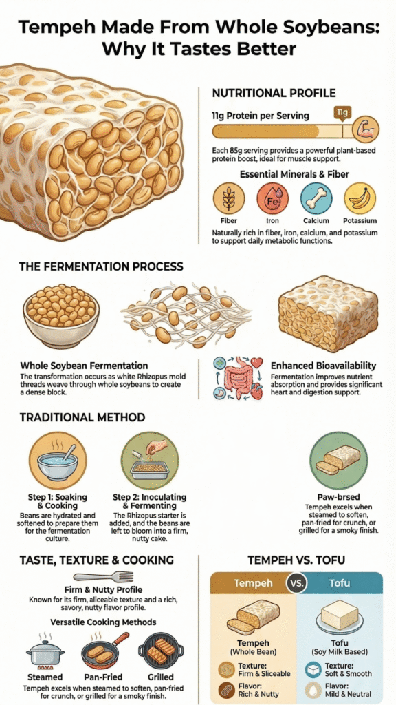 Infographic explaining tempeh made from whole soybeans covering nutrition, fermentation process, and tempeh vs tofu