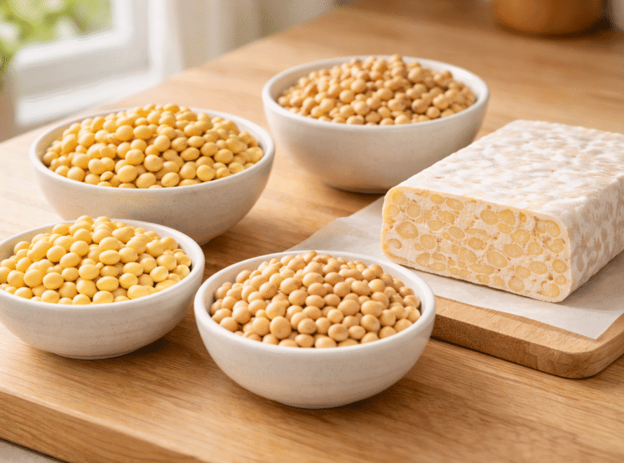 Four bowls of soybean varieties beside fresh tempeh showing which soybeans make the best tempeh