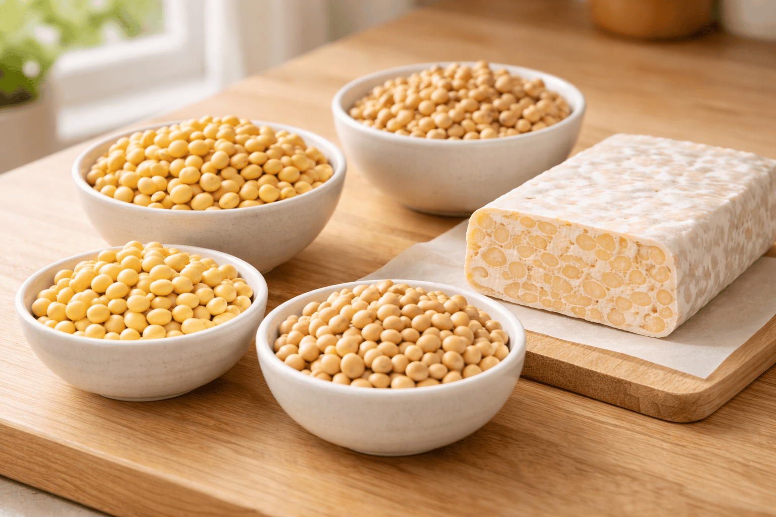 Four bowls of soybean varieties beside fresh tempeh showing which soybeans make the best tempeh