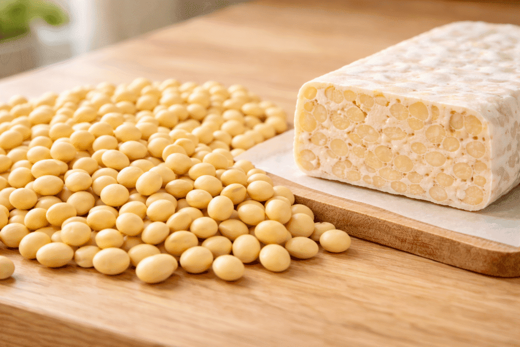 Pile of yellow soybeans next to a firm tempeh block revealing which soybeans make the best tempeh