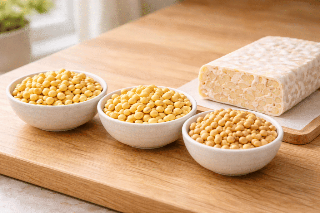 Three bowls of different soybeans beside a tempeh block comparing which soybeans make the best tempeh