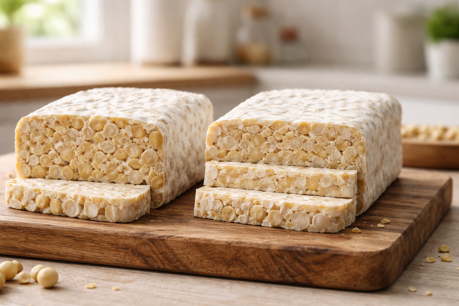 Two sliced tempeh blocks side by side showing what is the difference in texture between firm soybean varieties