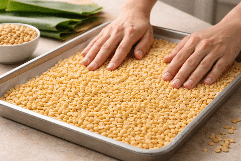 Hands spreading dehulled soybeans on a tray before fermentation to show what is the difference in texture
