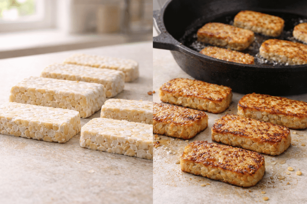 Side-by-side comparison of raw and pan-fried tempeh showing what is the difference in texture before and after cooking