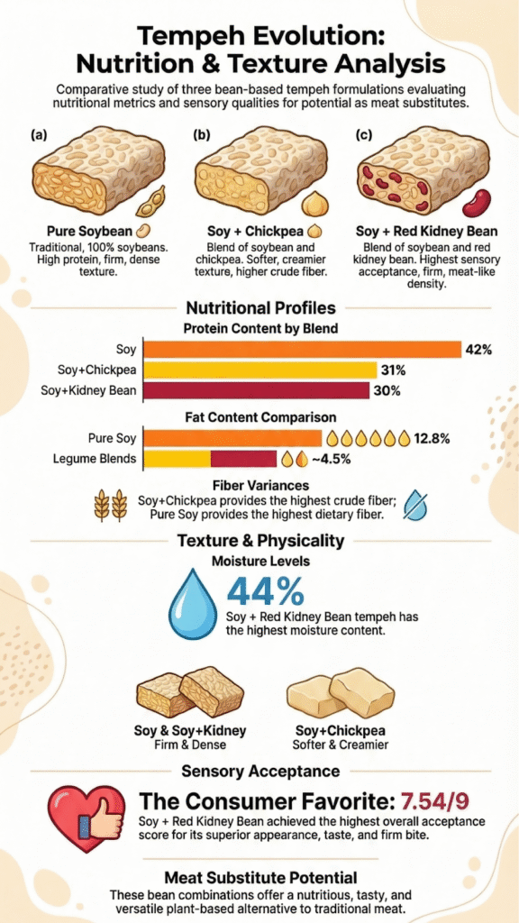 Infographic analyzing what is the difference in texture across pure soy, soy-chickpea, and soy-kidney bean tempeh blends
