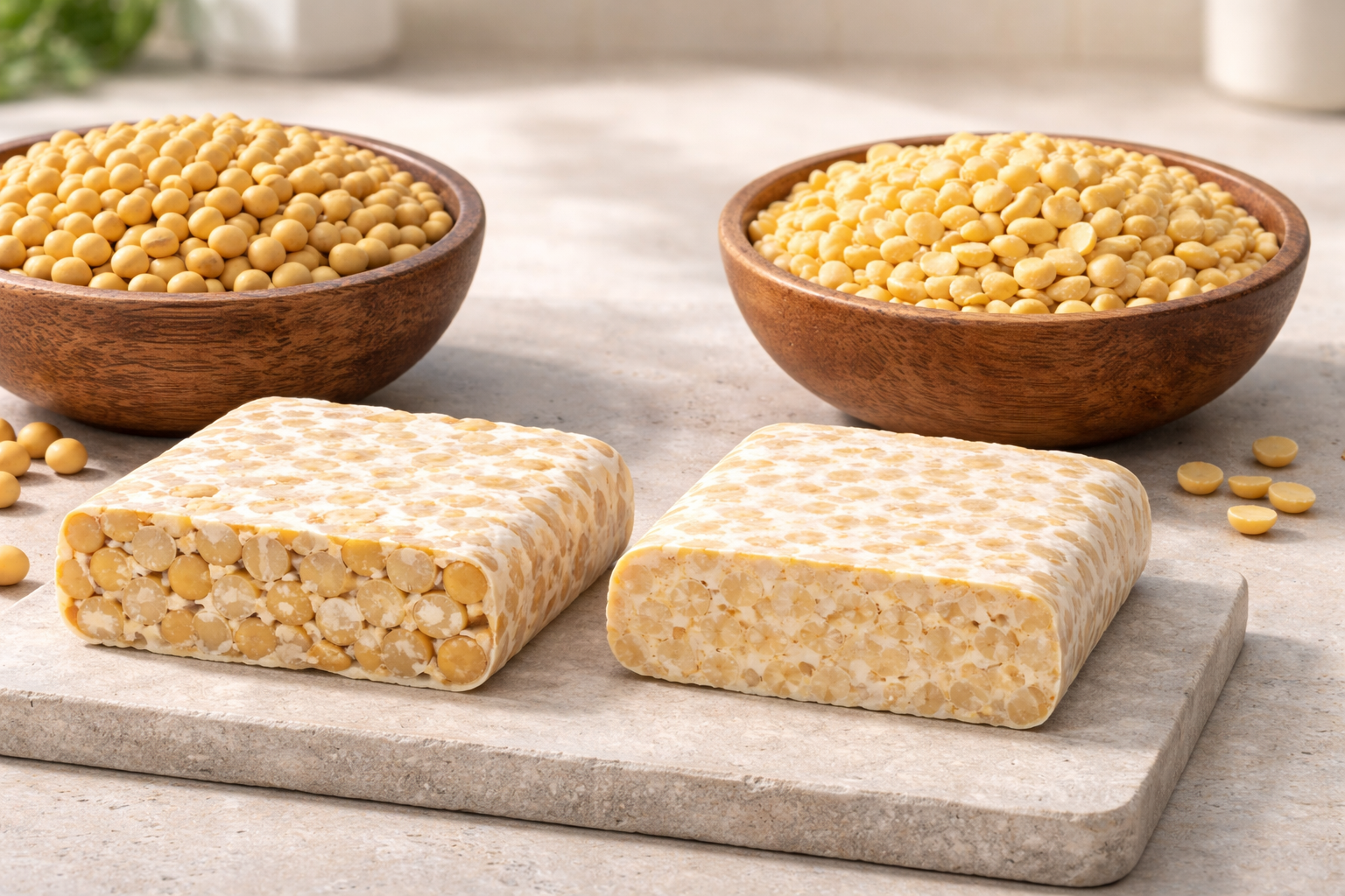Whole vs split soybeans in tempeh displayed side by side with two wooden bowls of raw beans behind them.