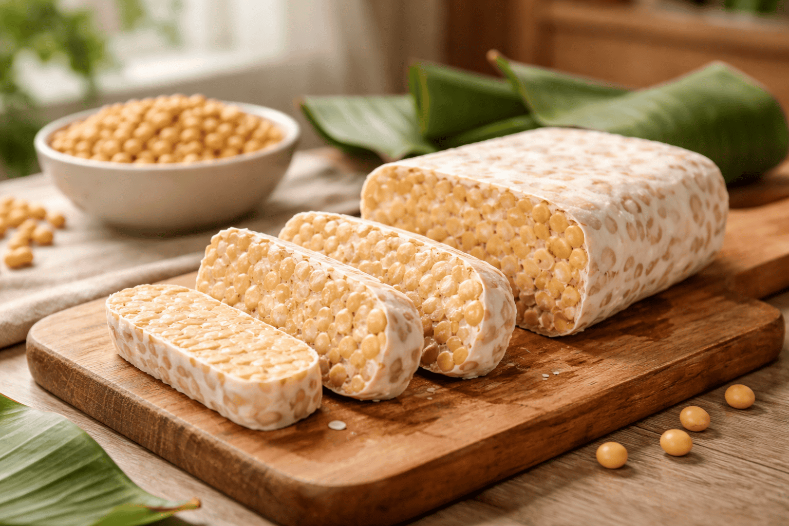 Freshly sliced tempeh made from whole soybeans on a wooden board with banana leaves and soybeans