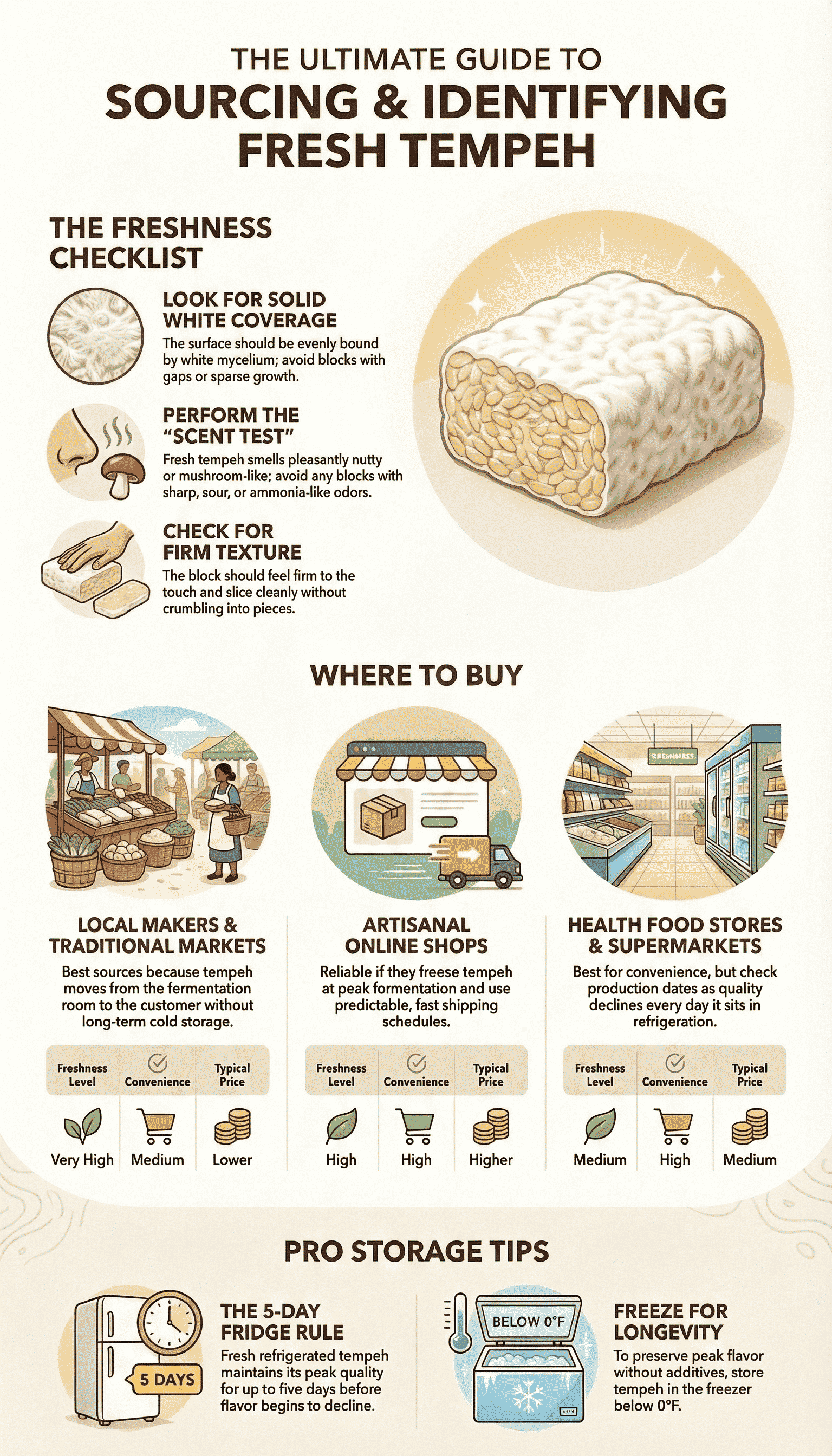  Infographic comparing markets, supermarkets, and online options, showing timing and freshness factors for where to buy fresh tempeh