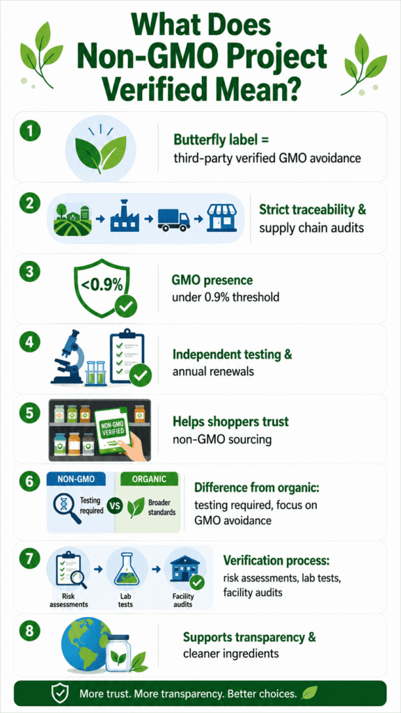 Infographic explaining what does non-gmo project verified mean through 8 key verification steps 
