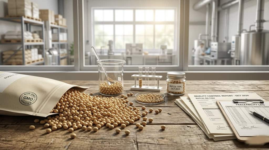 Lab setting with soybeans and documents showing what does non-gmo project verified mean in practice. 