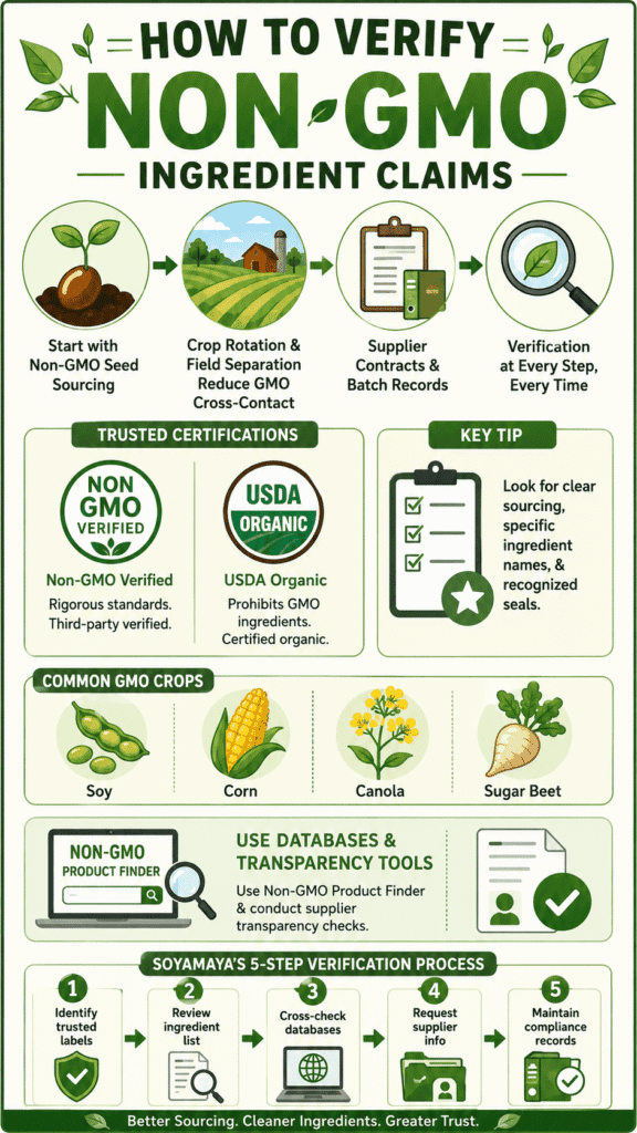 Infographic guide on how to verify non-gmo ingredients using trusted certifications and supplier transparency steps. 