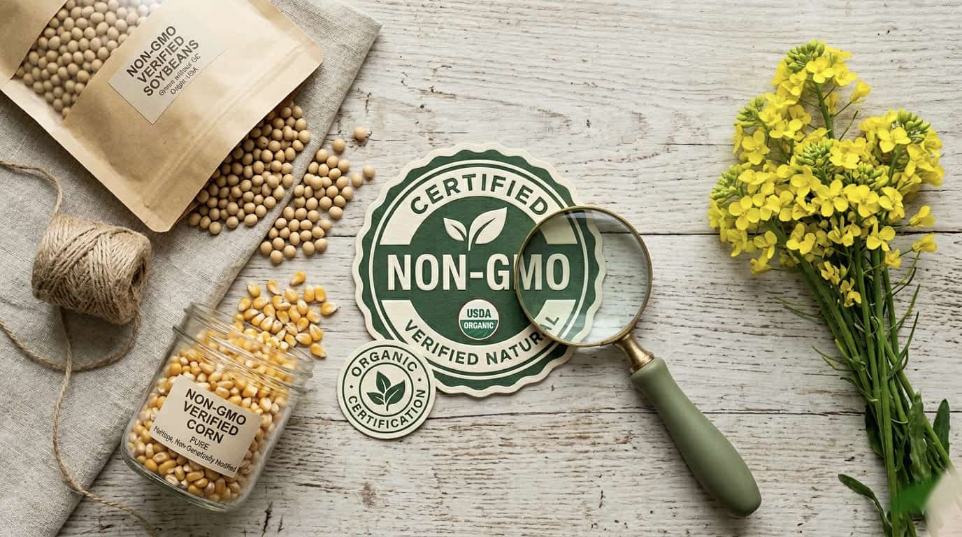 Non-GMO certified soybeans and corn with magnifying glass showing how to verify non-gmo ingredients on labels.
