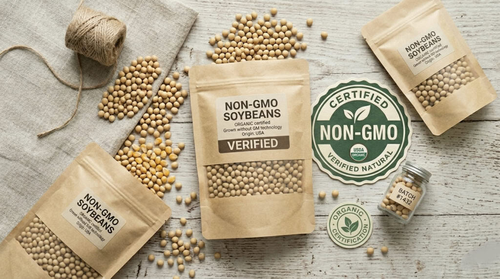 Kraft pouches of verified soybeans with USDA organic seal demonstrating how to verify non-gmo ingredients by batch. 