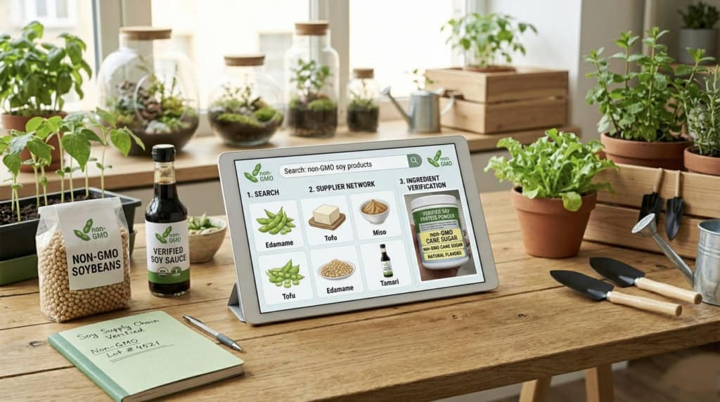 Digital product finder on tablet showing how to verify non-gmo ingredients across soy supply chain networks. 