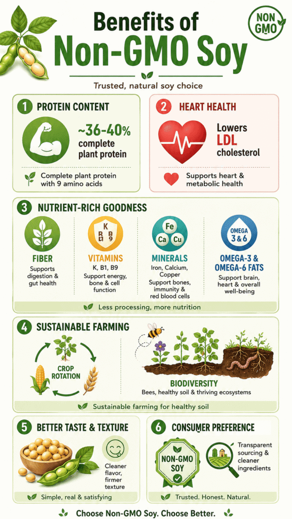 Infographic showing what are the benefits of non-gmo soy including protein, heart health, and minerals