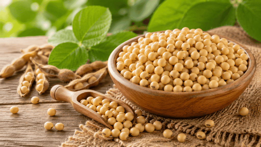 Golden soybeans in wooden bowl, what are the benefits of non-gmo soy starts with clean, natural beans 