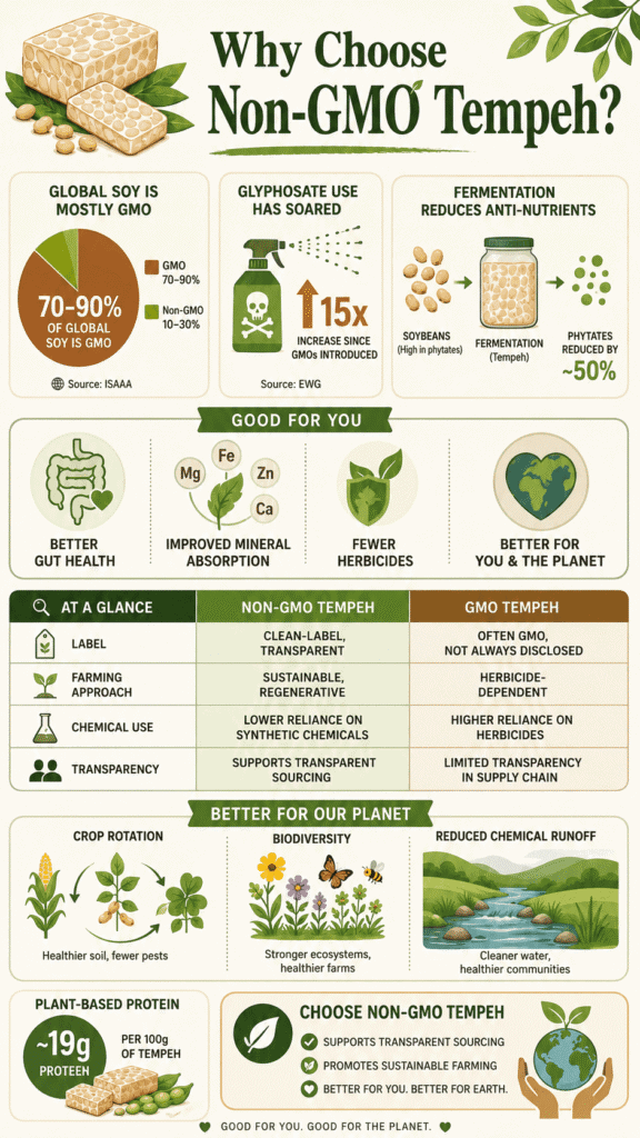 Infographic explaining why is non-gmo tempeh important for gut health and sustainable farming 